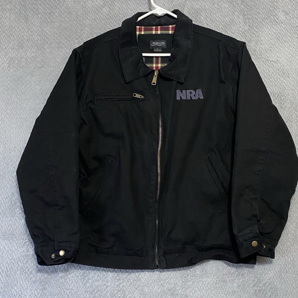 NRA Jacket Mens L Black Burks Bay Flannel Blanket Lined Heavy Canvas Chore Coat